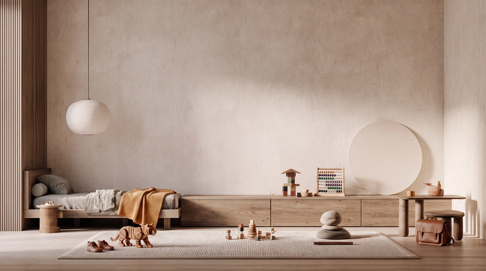 Quiet neutral wall art in a child’s room