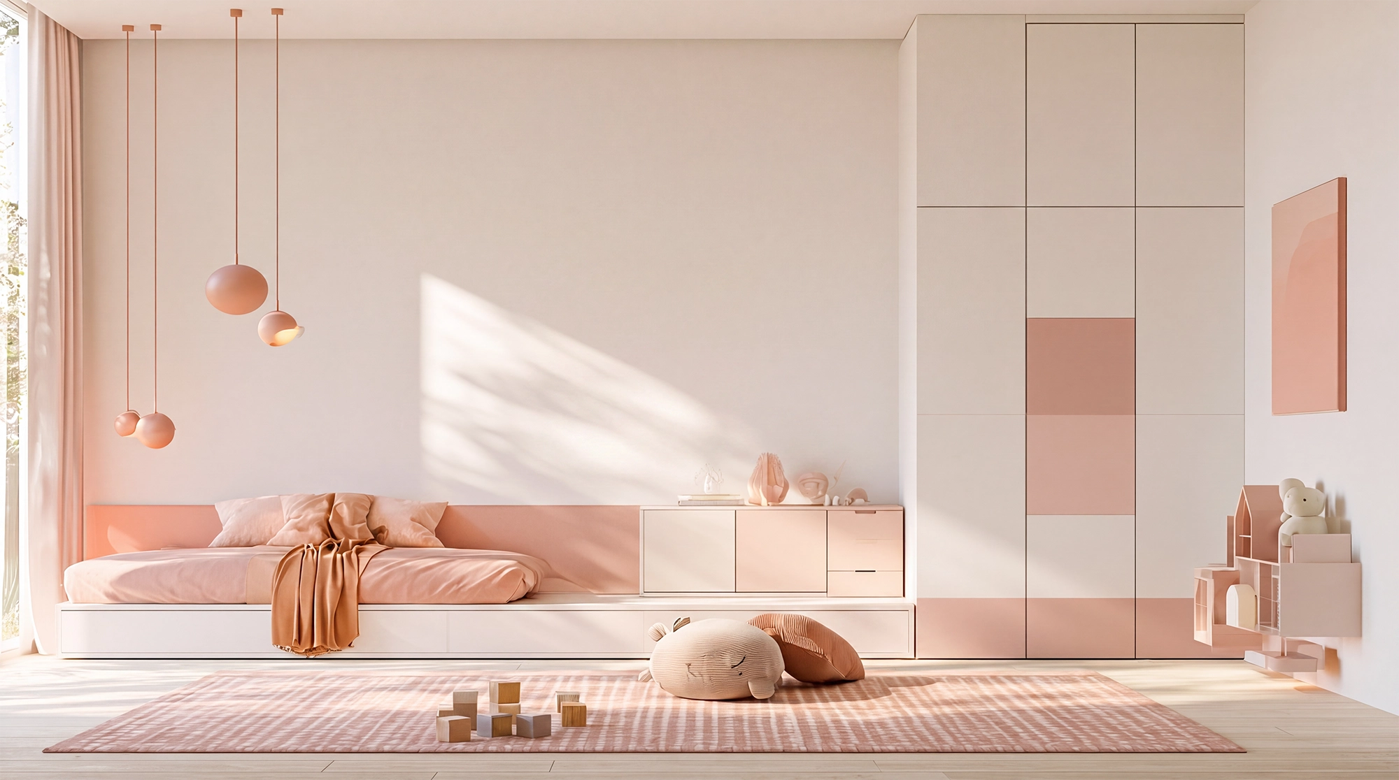 Home decor for children’s rooms: abstract wall art in a children’s room in rosé tones