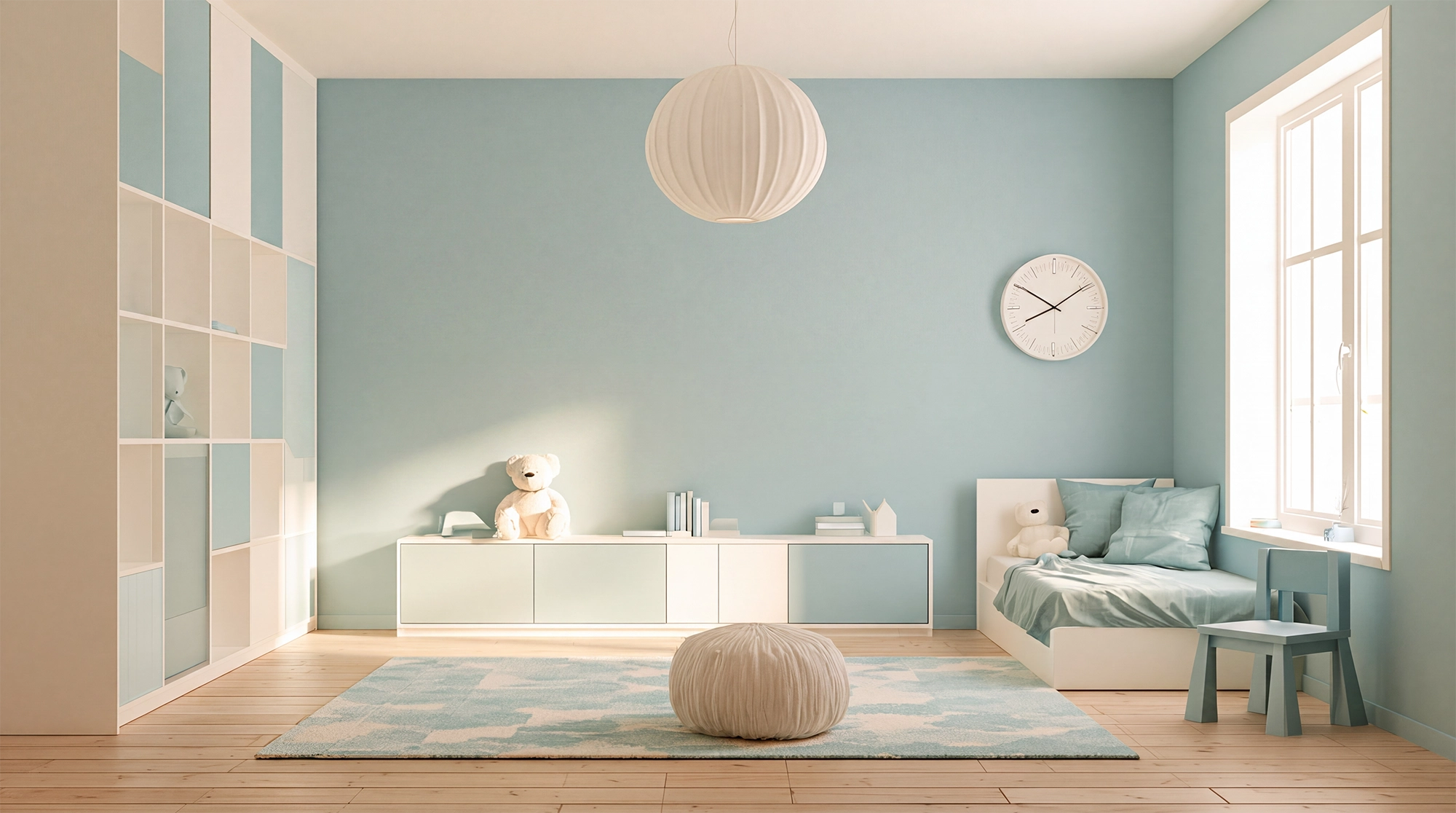Wall art for a child’s world: abstract wall art in a children’s room in sage tones