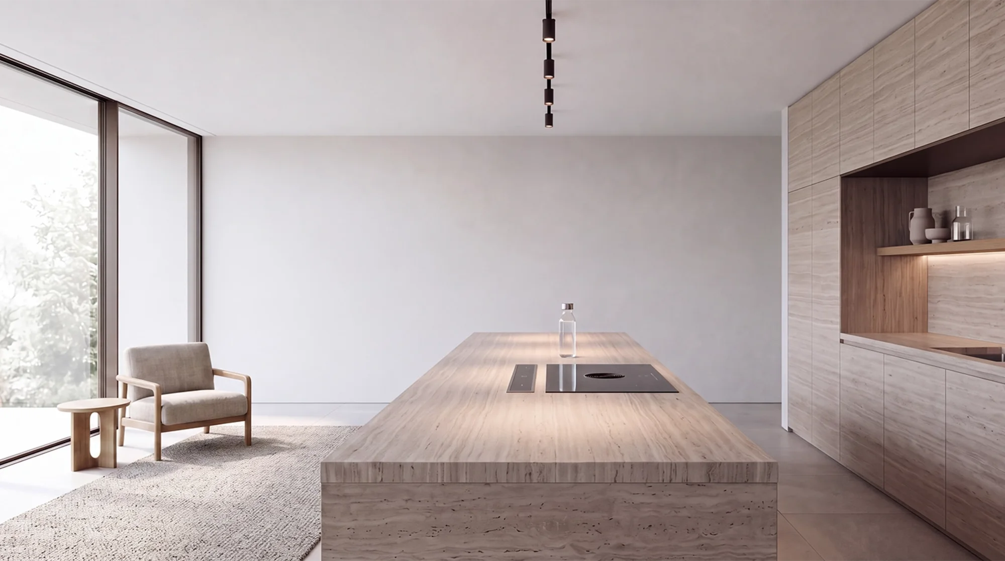 Large-format wall art on the open wall of a kitchen with a cooking island