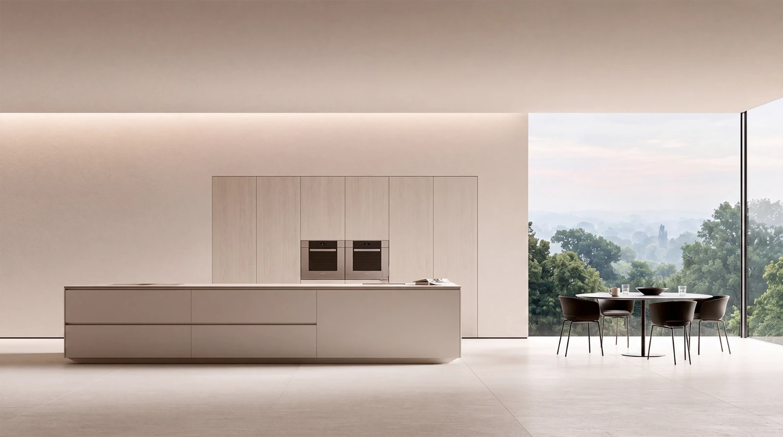 Large-format wall art in an open-plan kitchen
